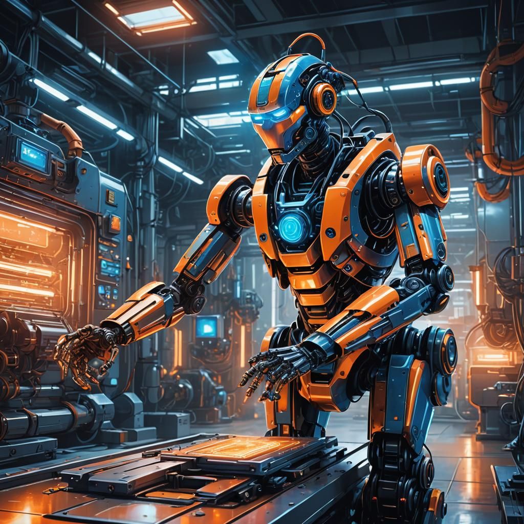 Futuristic Robot Operates CNC Machine in Neon Factory