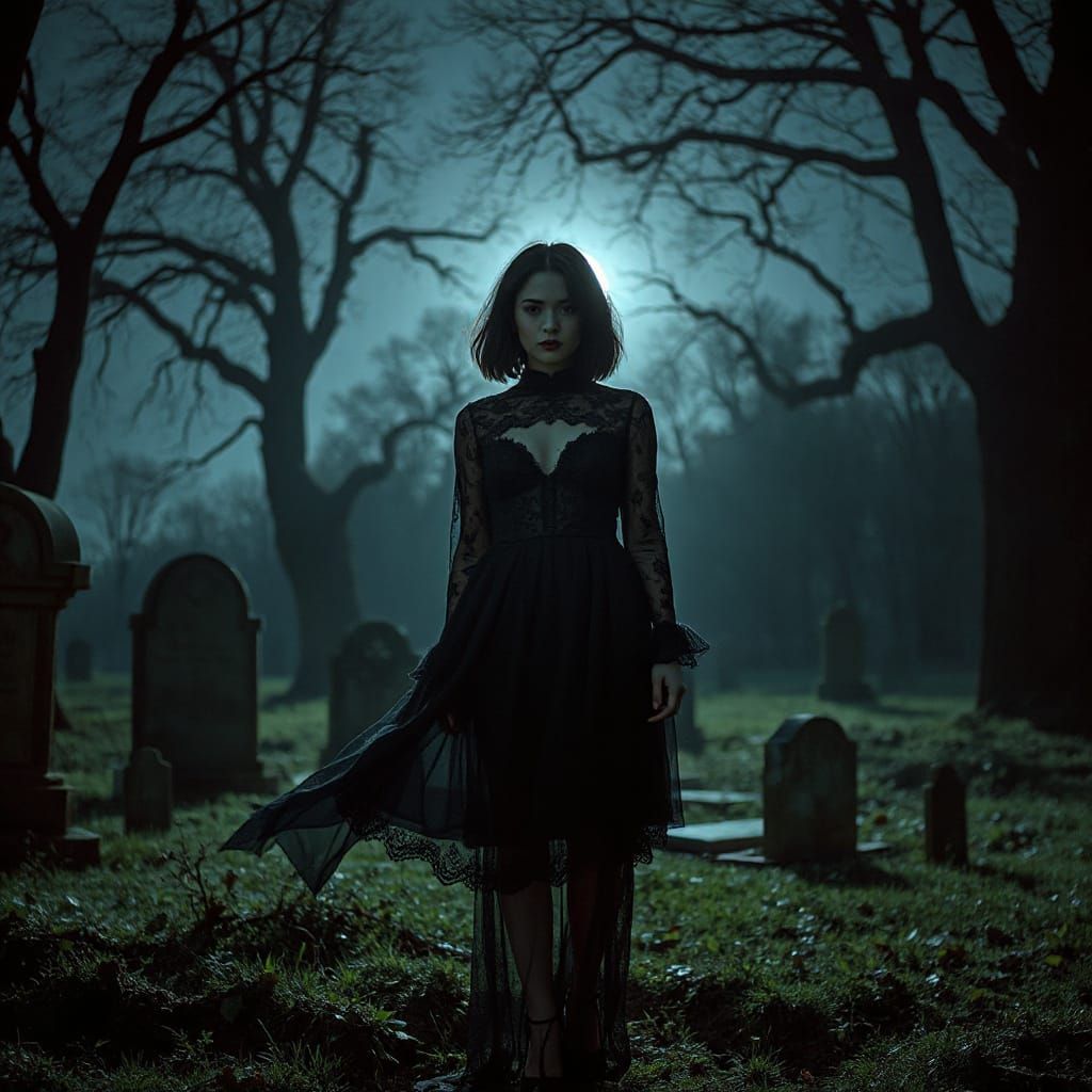 Gothic Woman in Graveyard at Midnight: Cinematic Still