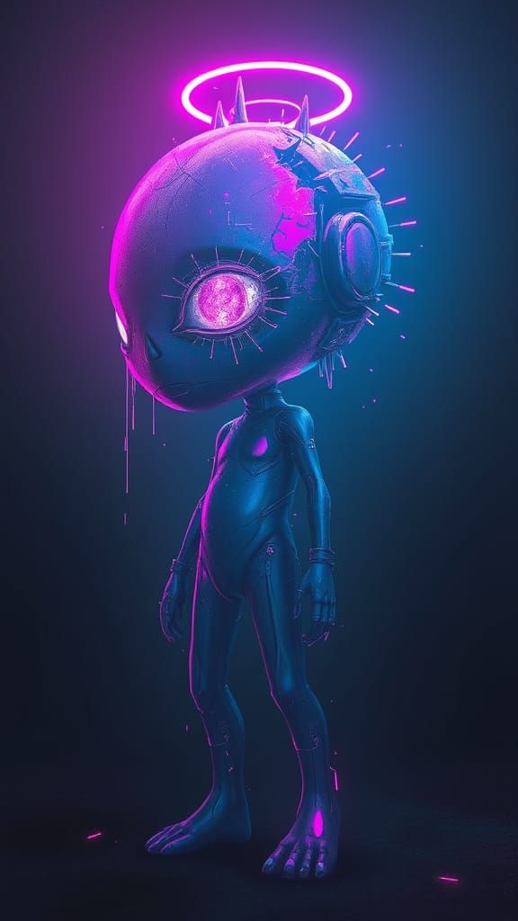 Surreal Digital Entity Glows with Fractured Neon in Dark Spa...