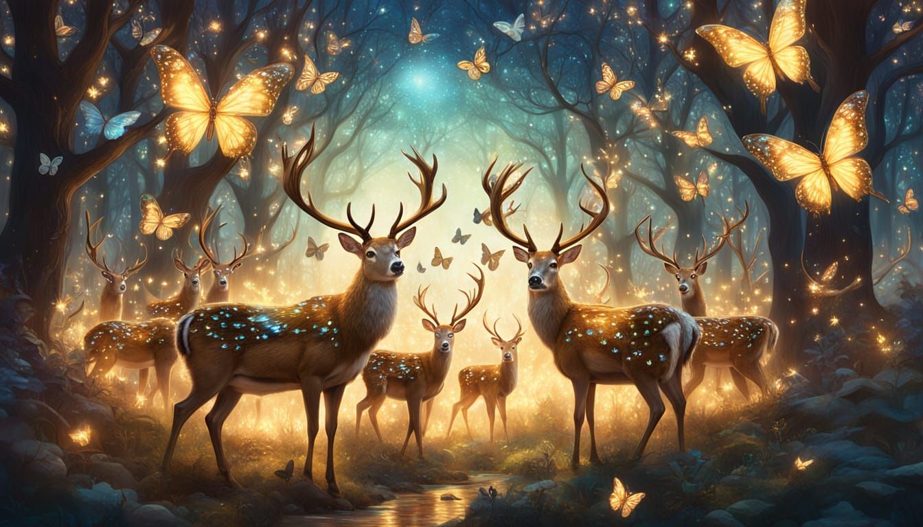 Magical Deer Herd in Surreal Fantasy Forest