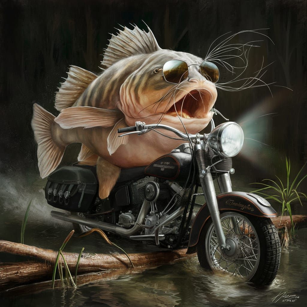 Catfish Rides Harley-Davidson in Murky Swamp