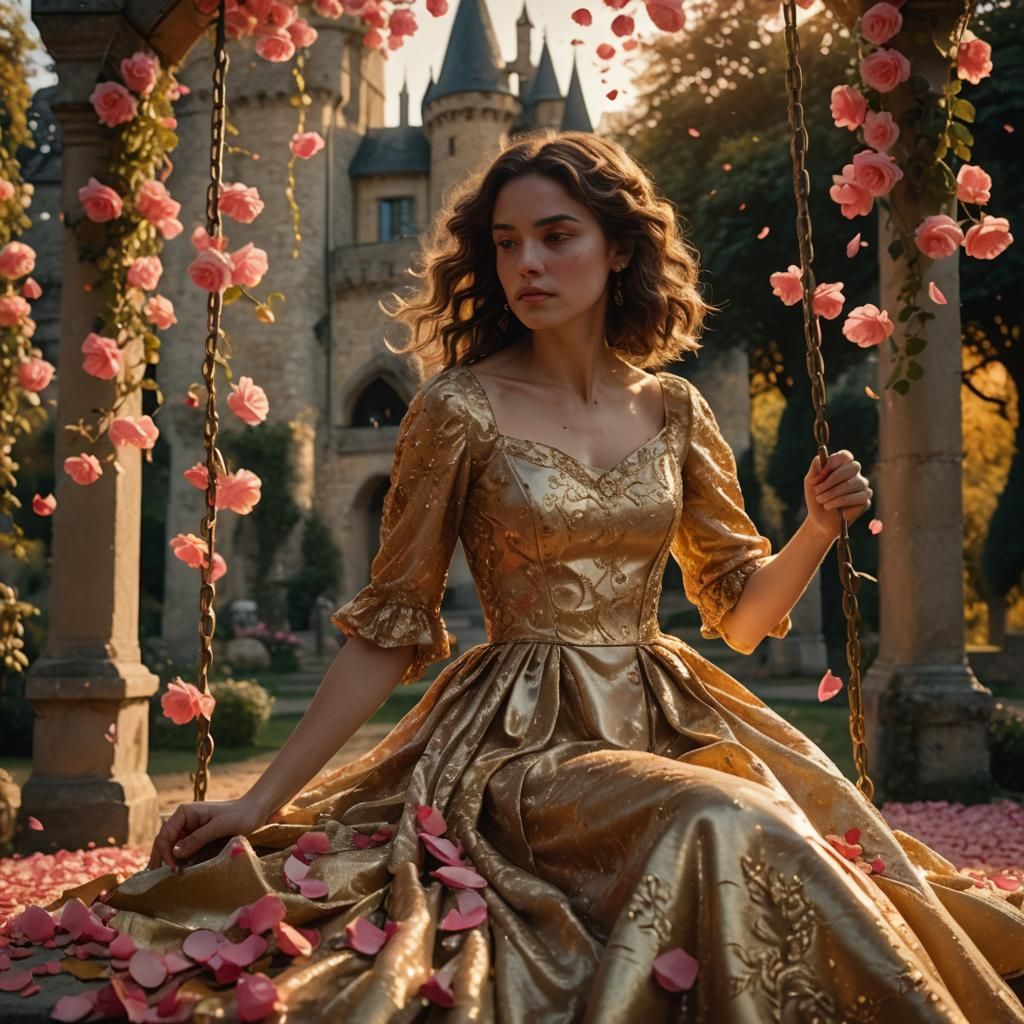 Brunette in Golden Gown on Rose Swing