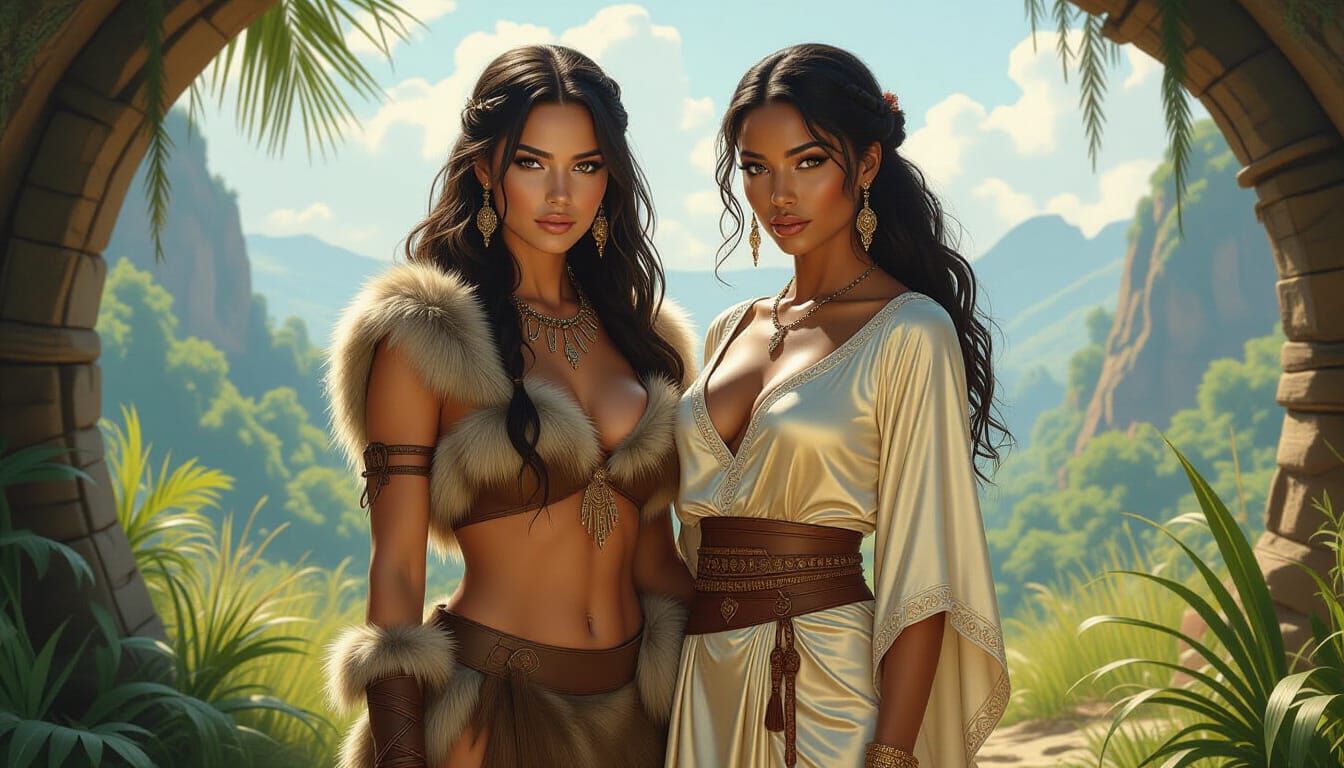 Cavewoman and Black Woman in Silk Tunic, Photorealistic