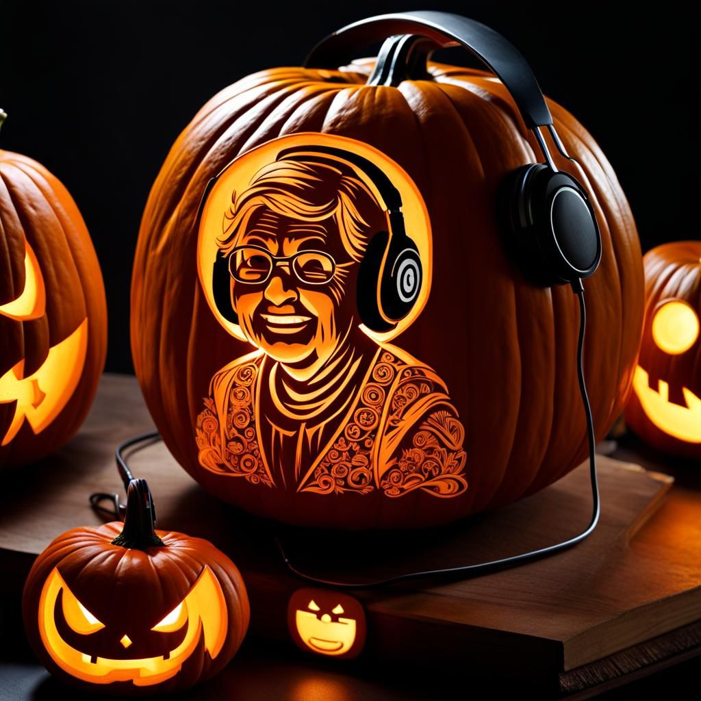 Adorable Gamer Grandma Carved in a Pumpkin