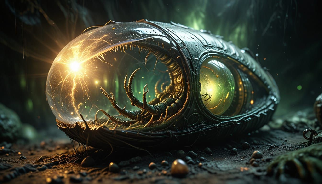 Biomechanical Alien Cocoon in Ethereal Glow