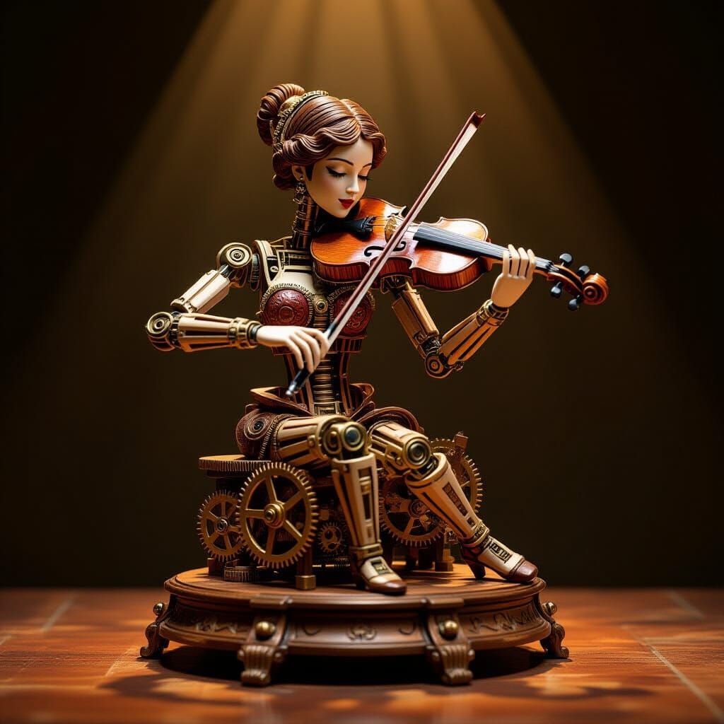 Wooden Violinist Automaton in Steampunk Art Nouveau Style