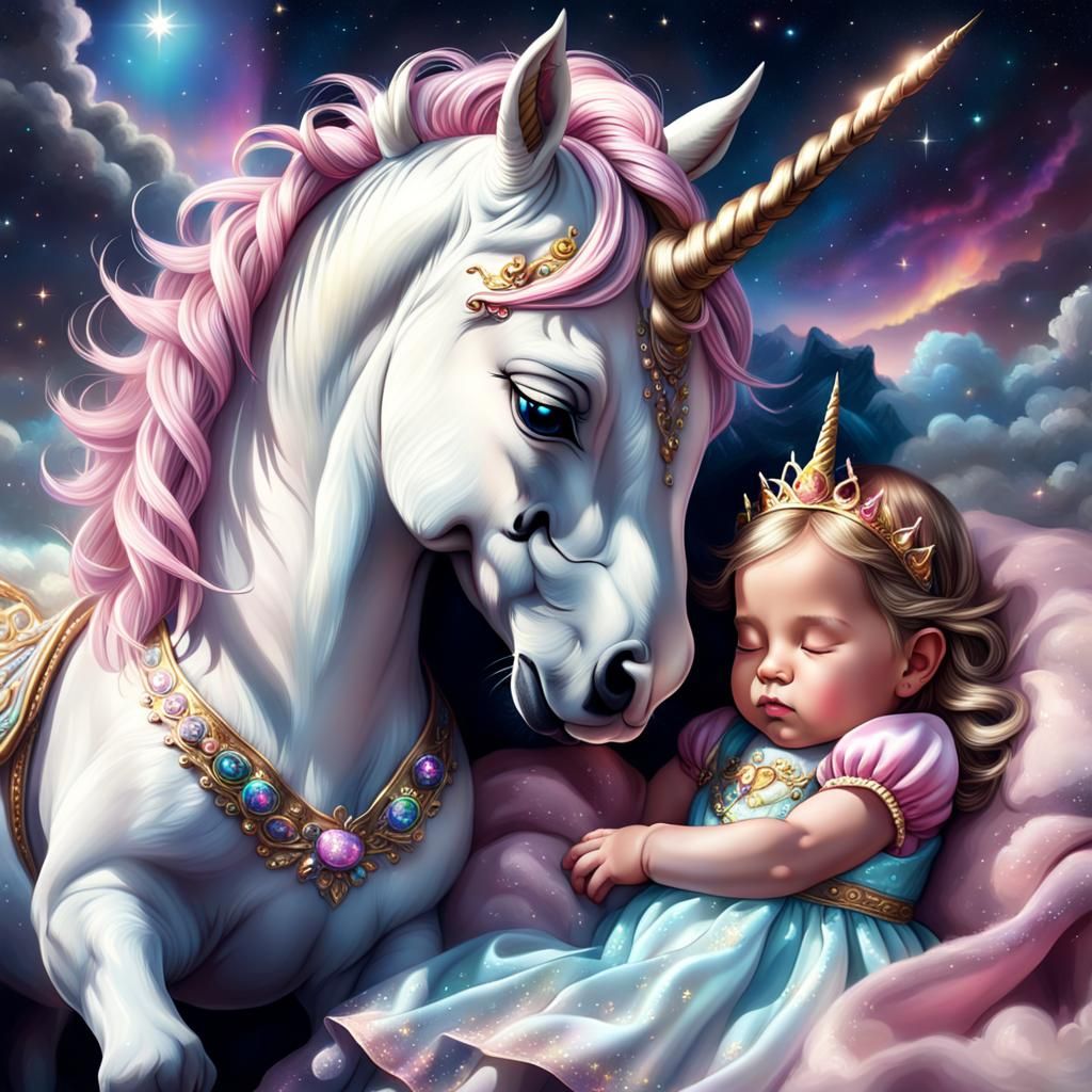 Baby Princess Sleeping with Magical Unicorn: Digital Art