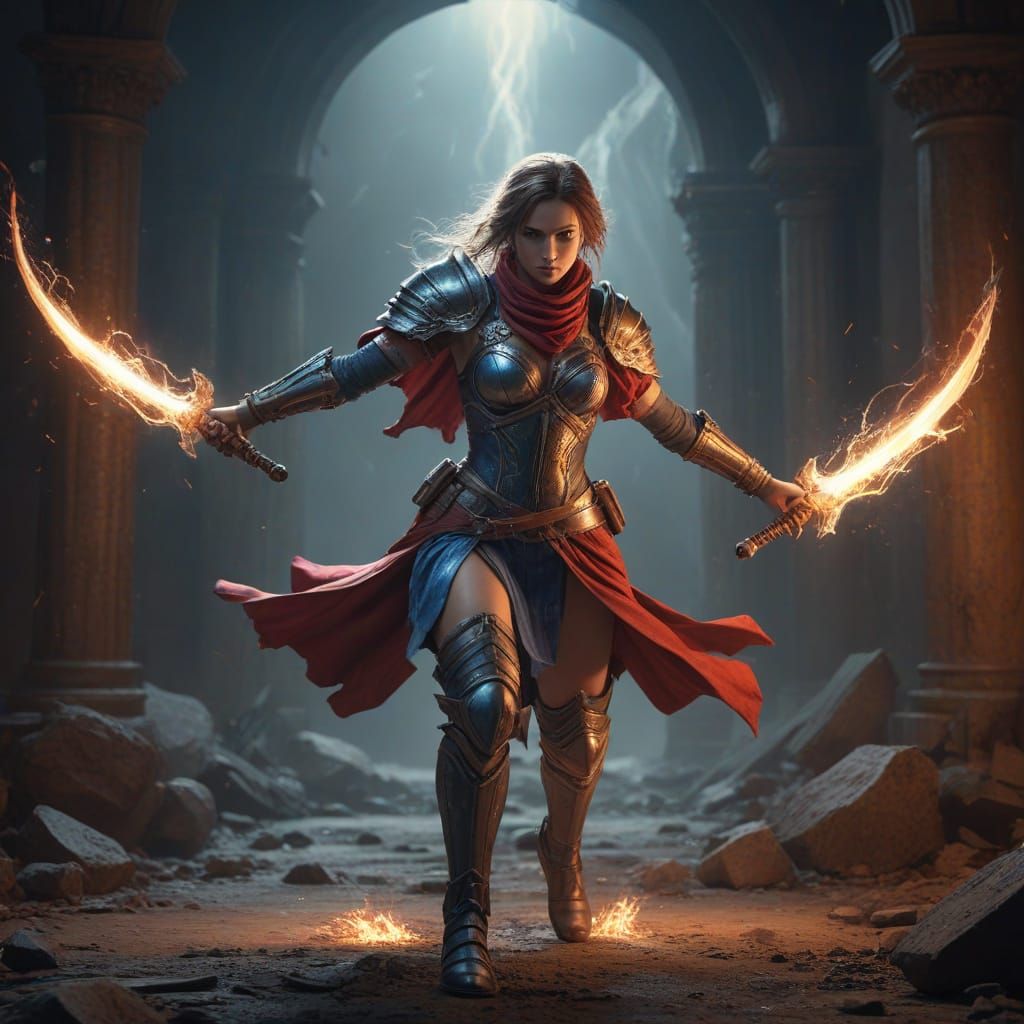 Warrior Goddess with Flaming Swords: Hyperrealistic Splash A...