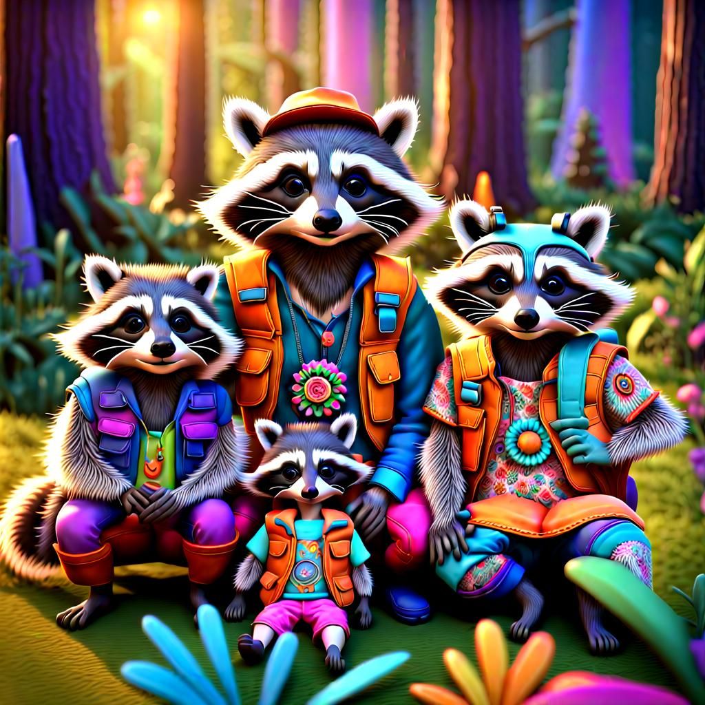 Colorful Raccoon Family in Hippie Style
