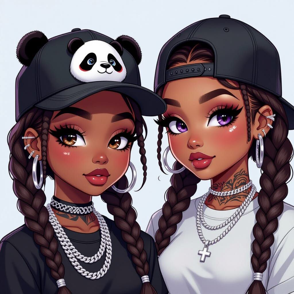 Animated Girl with Braids and Panda Cap