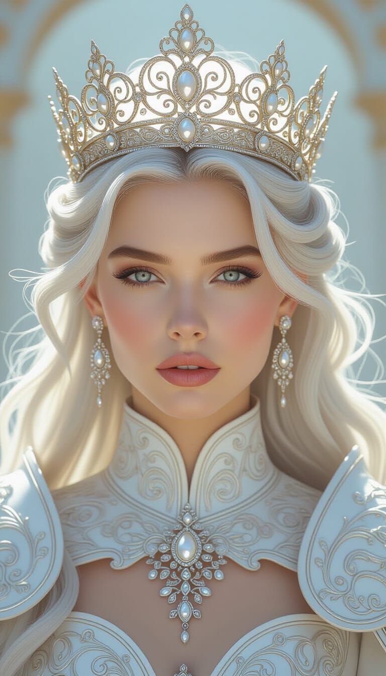 Silver-Haired Queen in White Armor Portrait