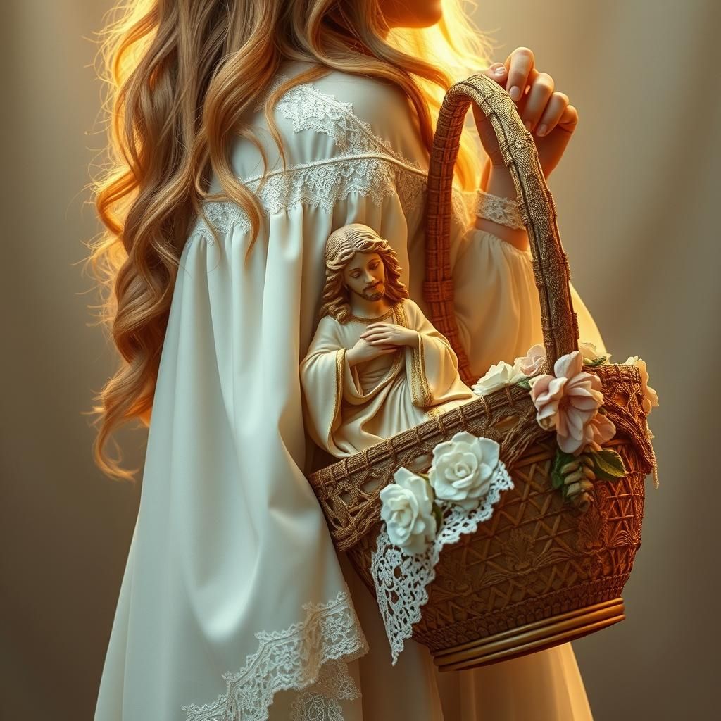 Serene Lady with Jesus Statue in Ethereal Style