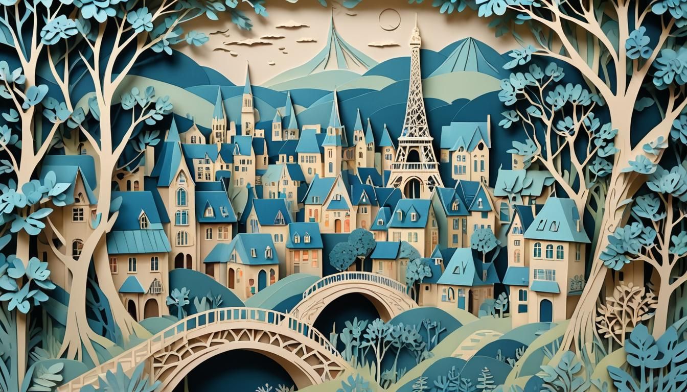 Whimsical 3D Paper Village with Eiffel Tower