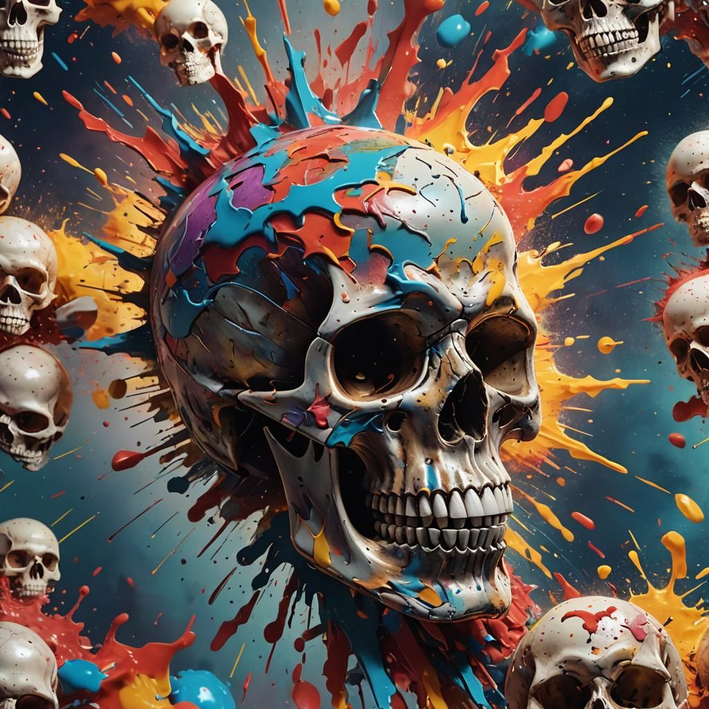 Hyperrealistic Skull Explosion in Splash Art Style