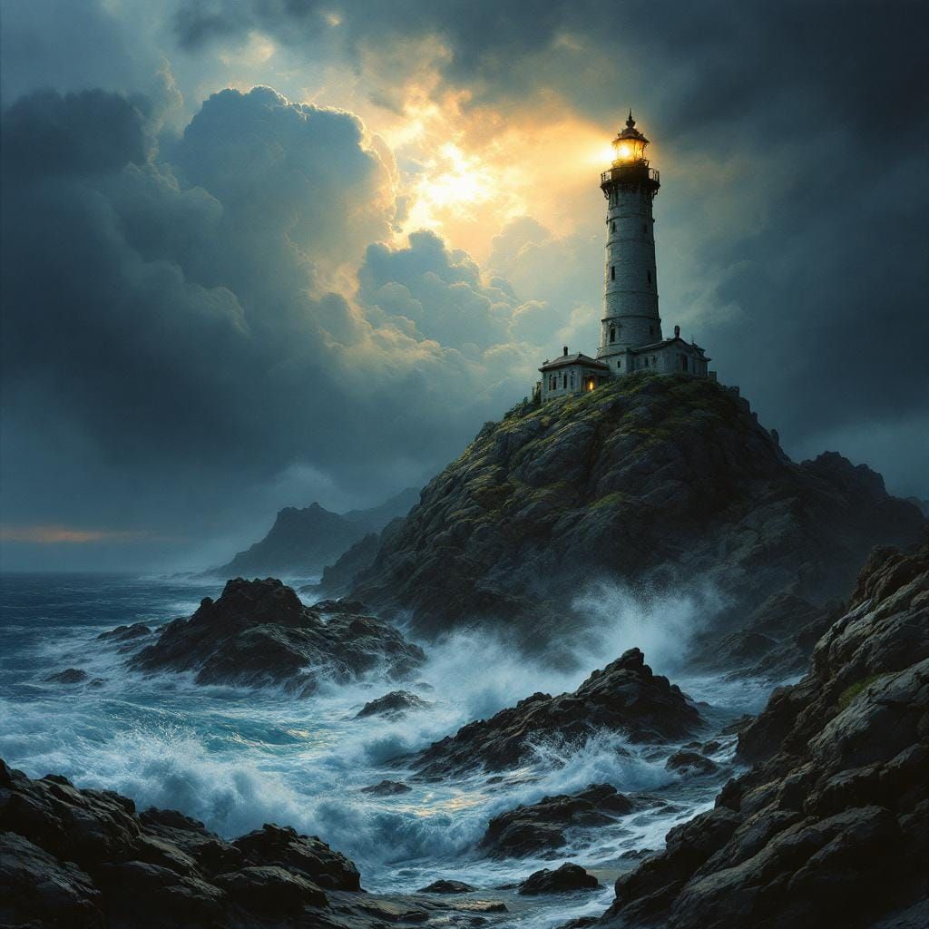 Lighthouse on Stormy Mountain in Oil Painting Style
