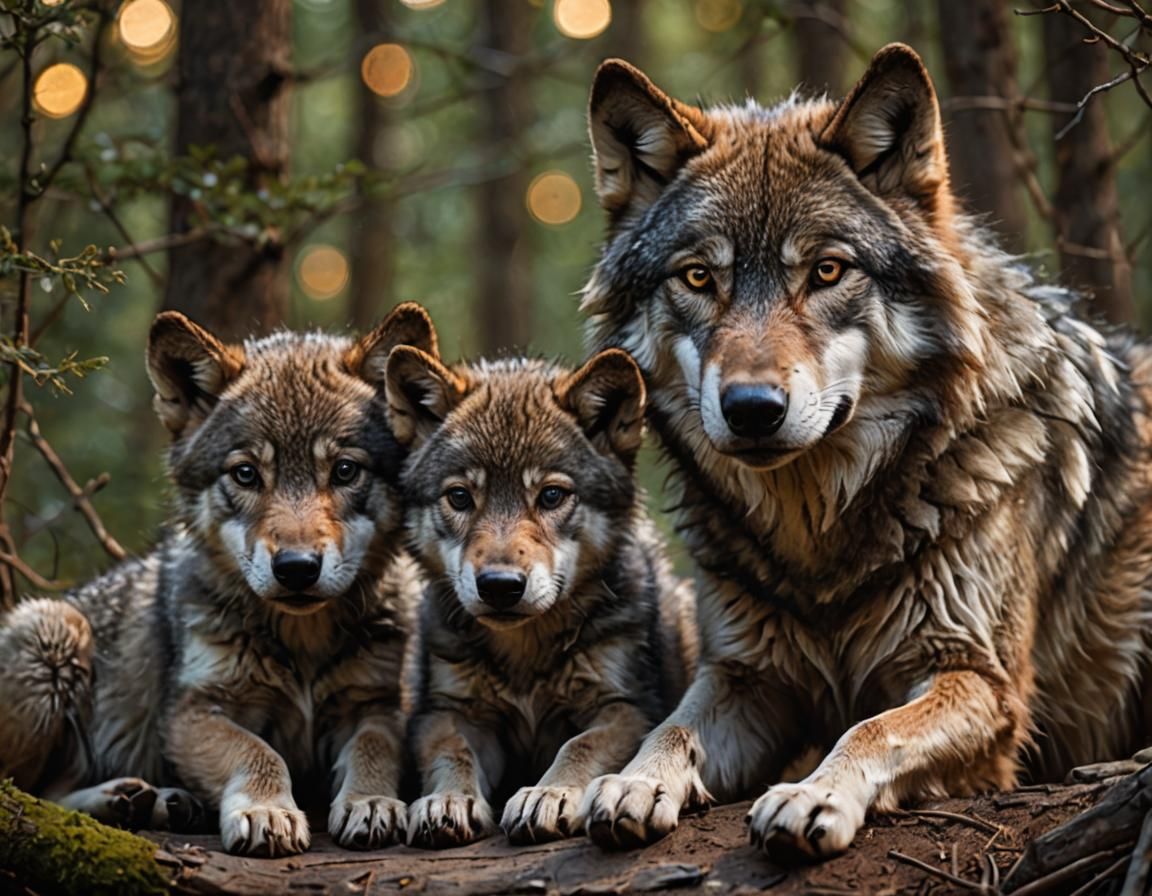 Loving She-Wolf and Cubs at Twilight