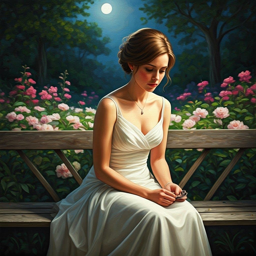 Young Bride Contemplates Love in Serene Garden