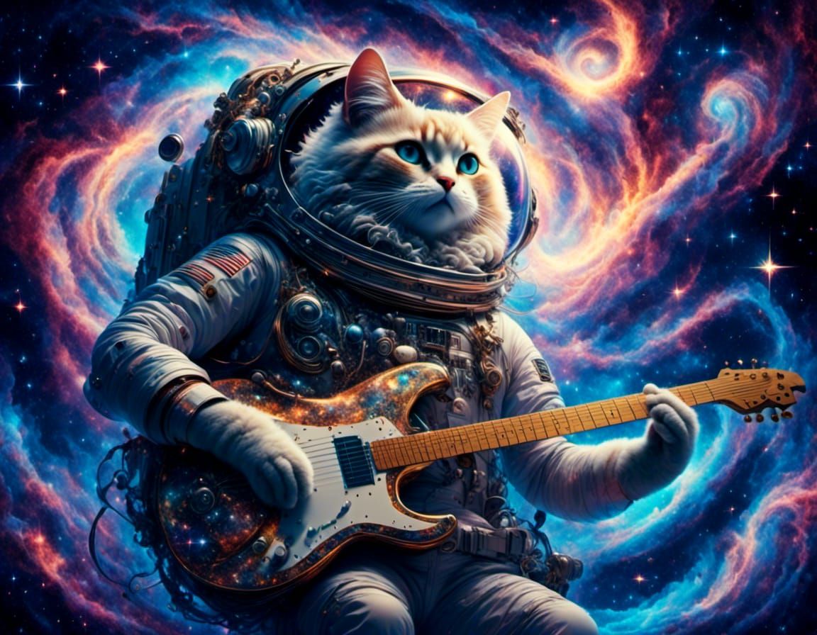 Cat Astronaut Serenades Space with Guitar