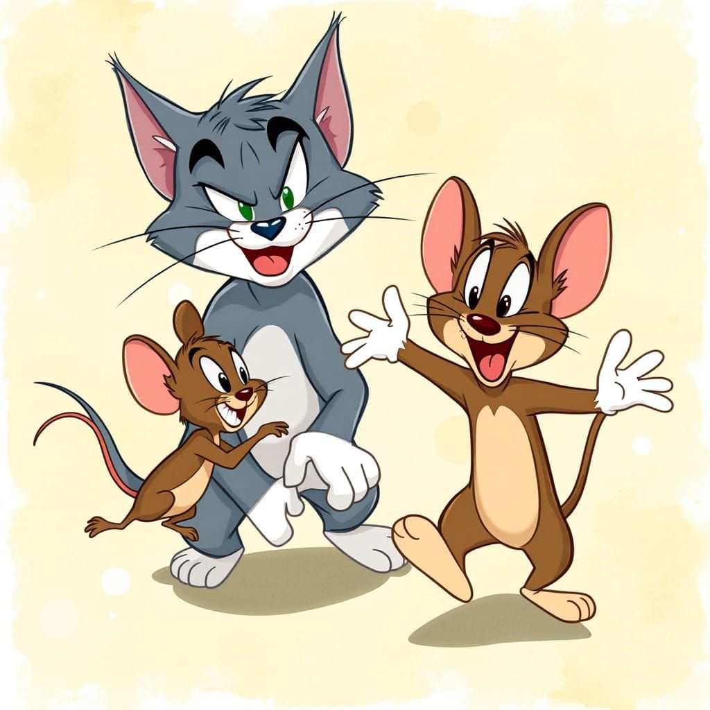 Comedic Cartoon Cat and Mouse Chase in Watercolor Style