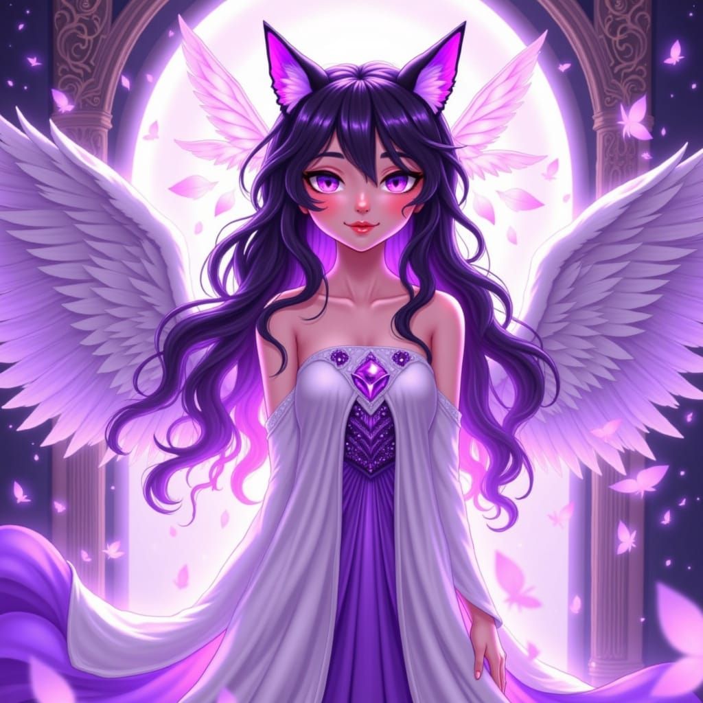 Goddess Inanna with Angel Wings and Cat Ears in Whimsical Ca...