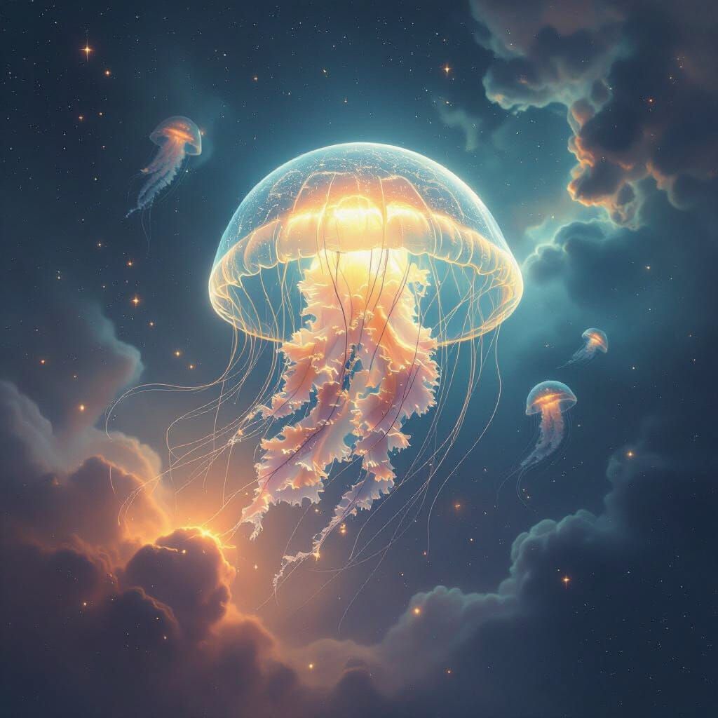 Bioluminescent Jellyfish Drifting Through Nebula