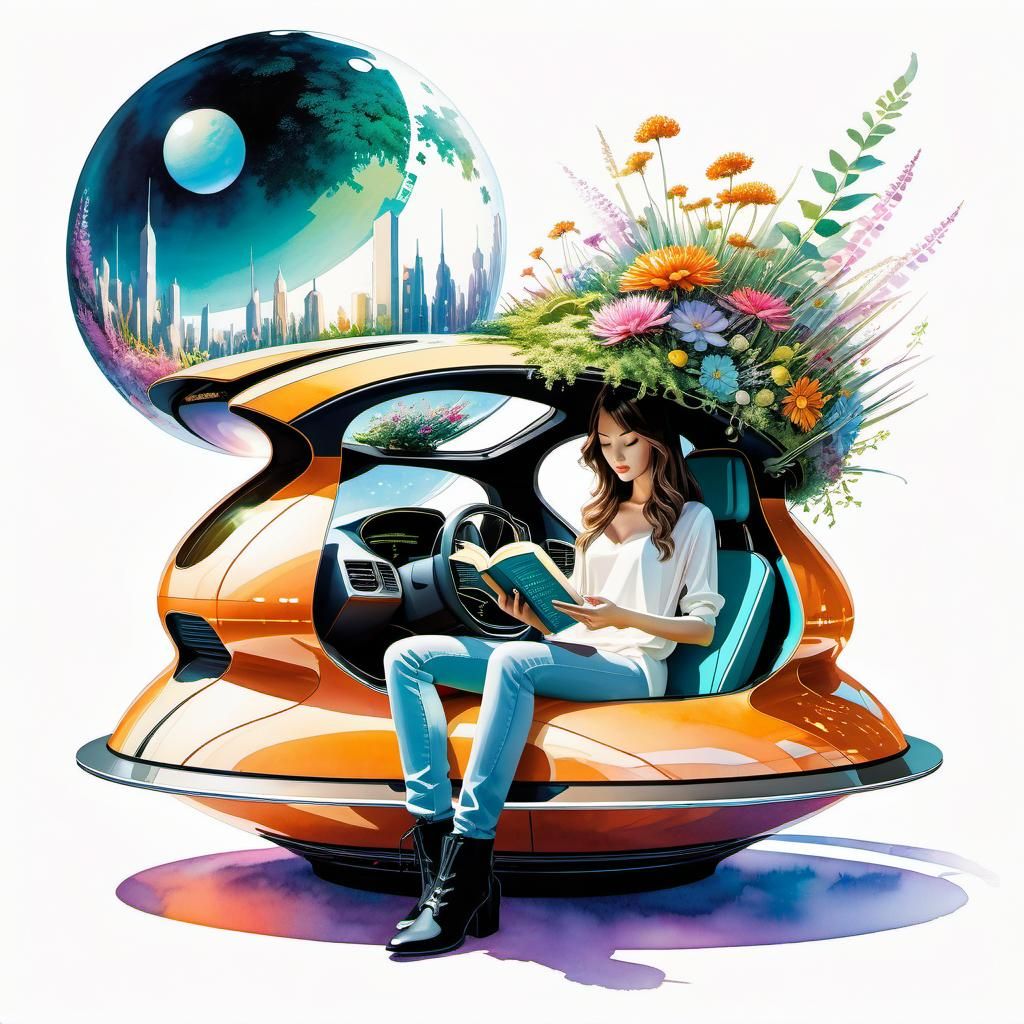 Futuristic Spherical Car in Cityscape, Alcohol Ink and Water...