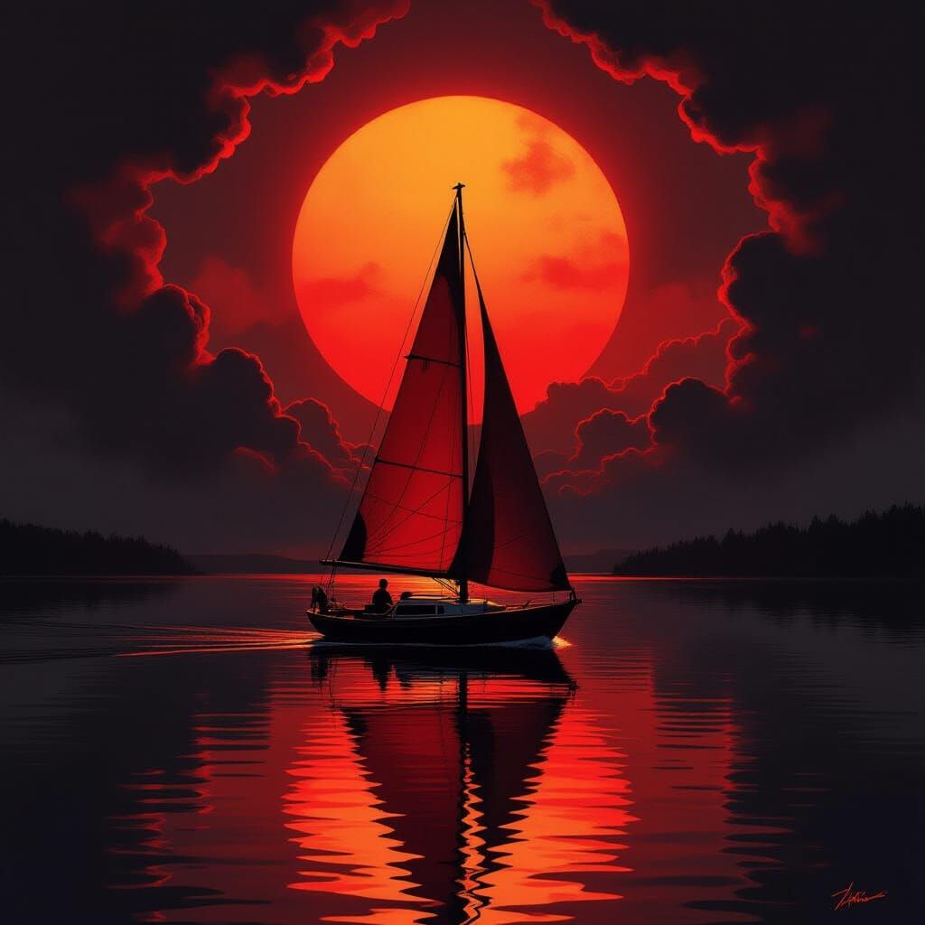 Sailboat with Fiery Red Sail in Romantic Goth Style