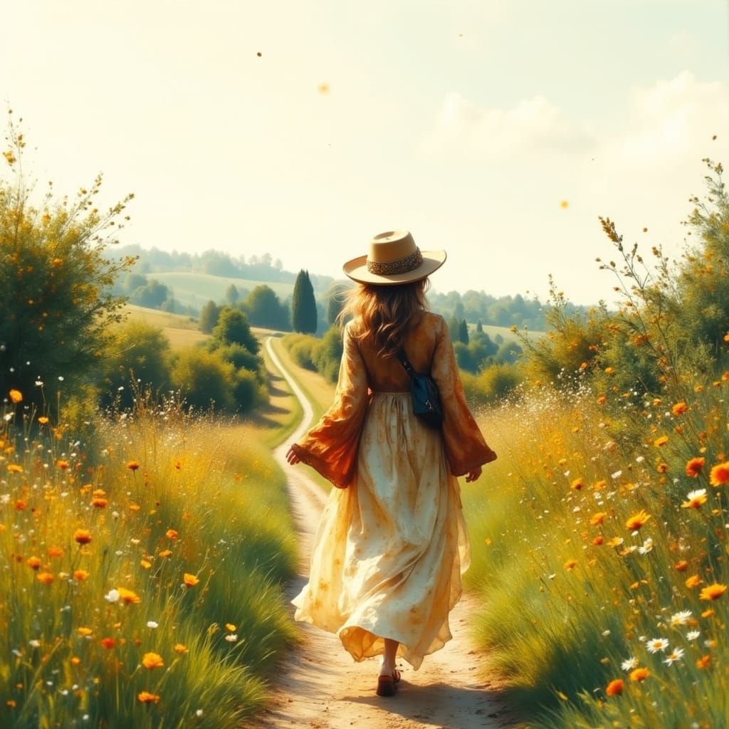 Whimsical Wanderer in Serene Countryside: Pastel Dreamscape