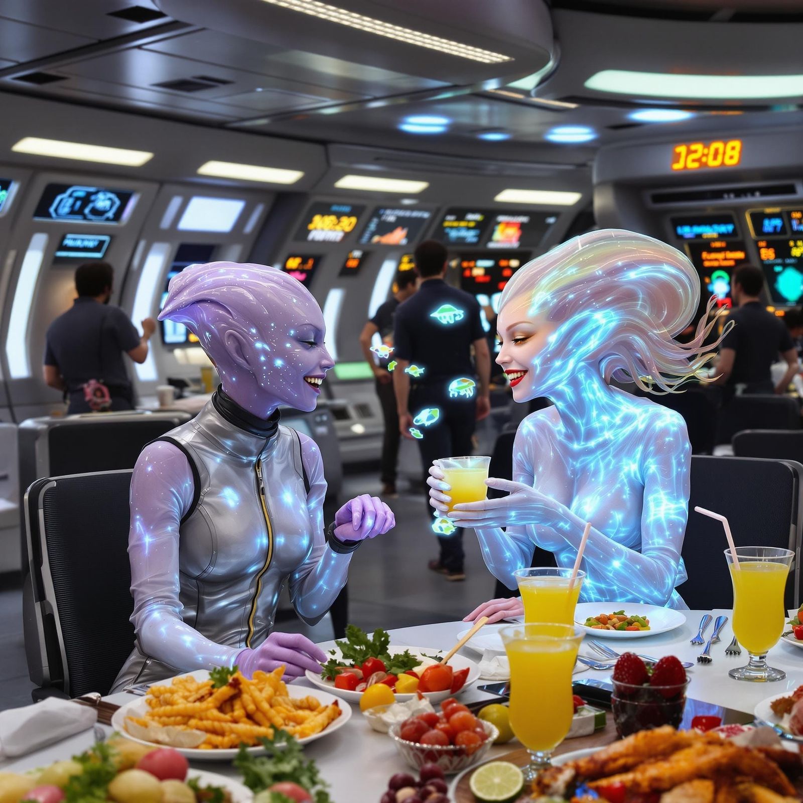 Two Aliens Enjoying Meal in Starship Mess Hall