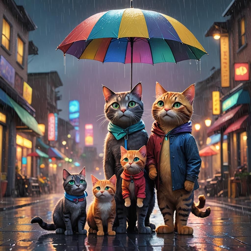 Cat Family Under Umbrella: Pixar-Inspired 3D Art