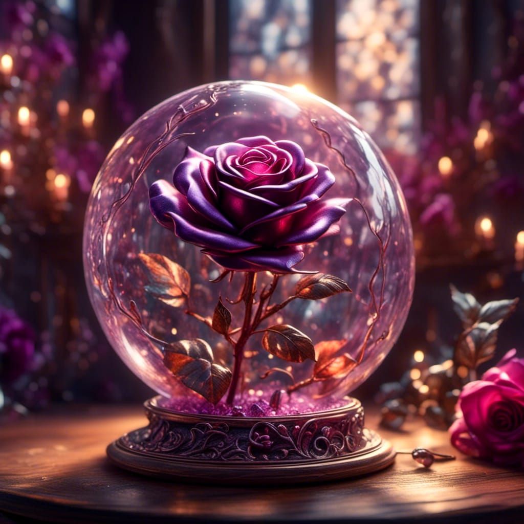 Detailed Metal Rose in Illuminated Glass Dome