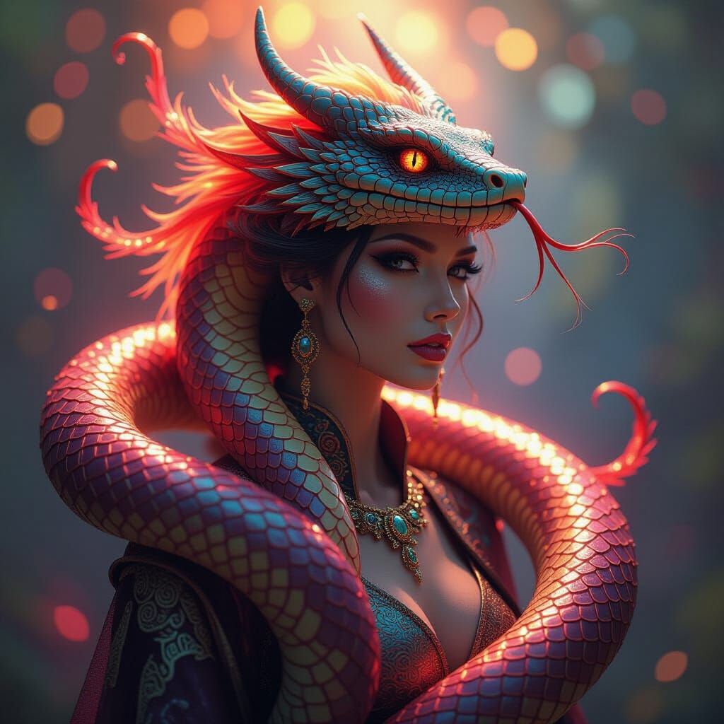 Nine-Tailed Fire Snake in Epic Fantasy Style