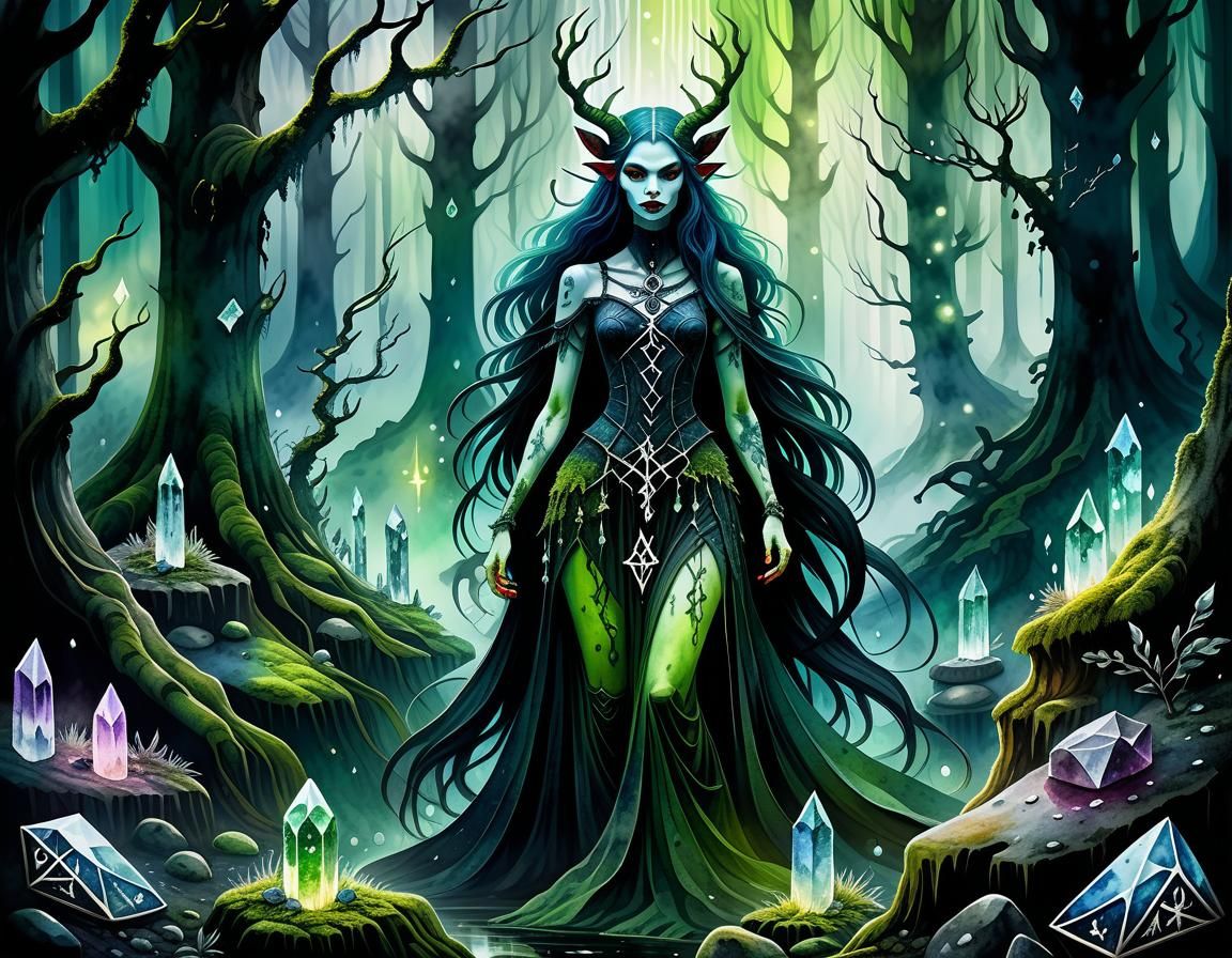 Gothic Demoness in Magical Watercolour Forest