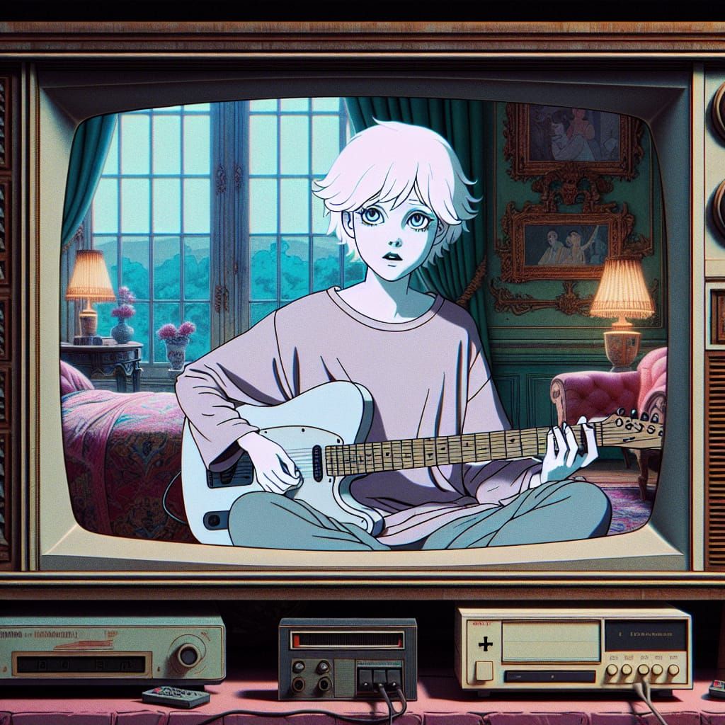 Albino Princess Playing Guitar on CRT TV