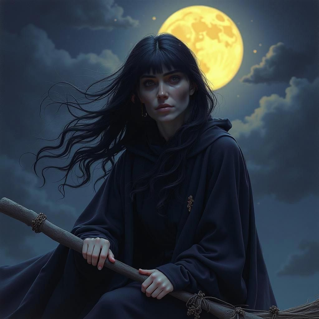 Witch Rides Broom on Full Moon, Dark Fantasy Art