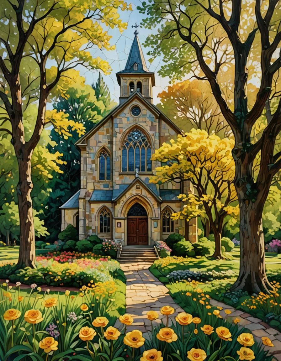 Country Church with Buttercup in Impressionistic Style