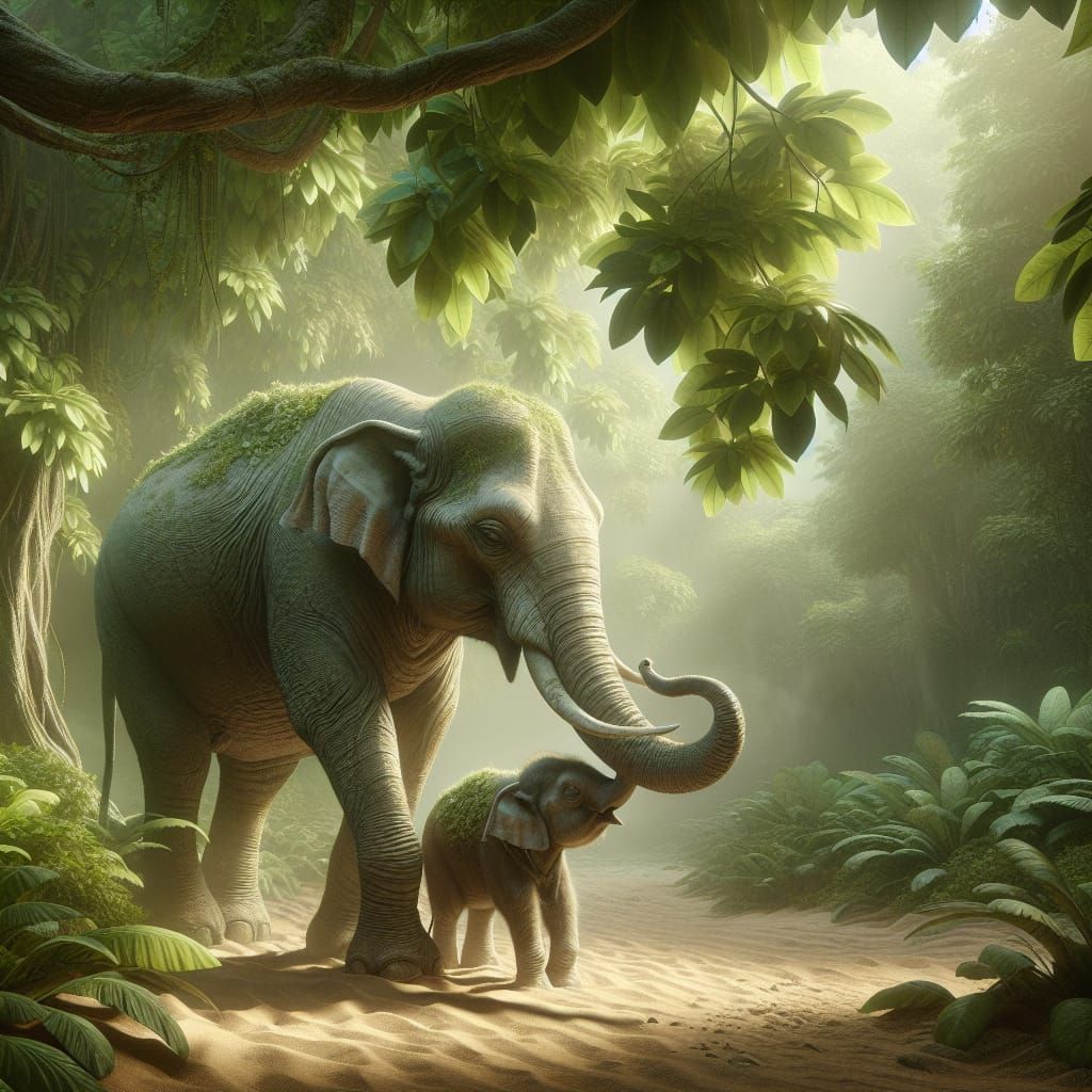 Elephants Nuzzling in Lush Jungle Matte Painting