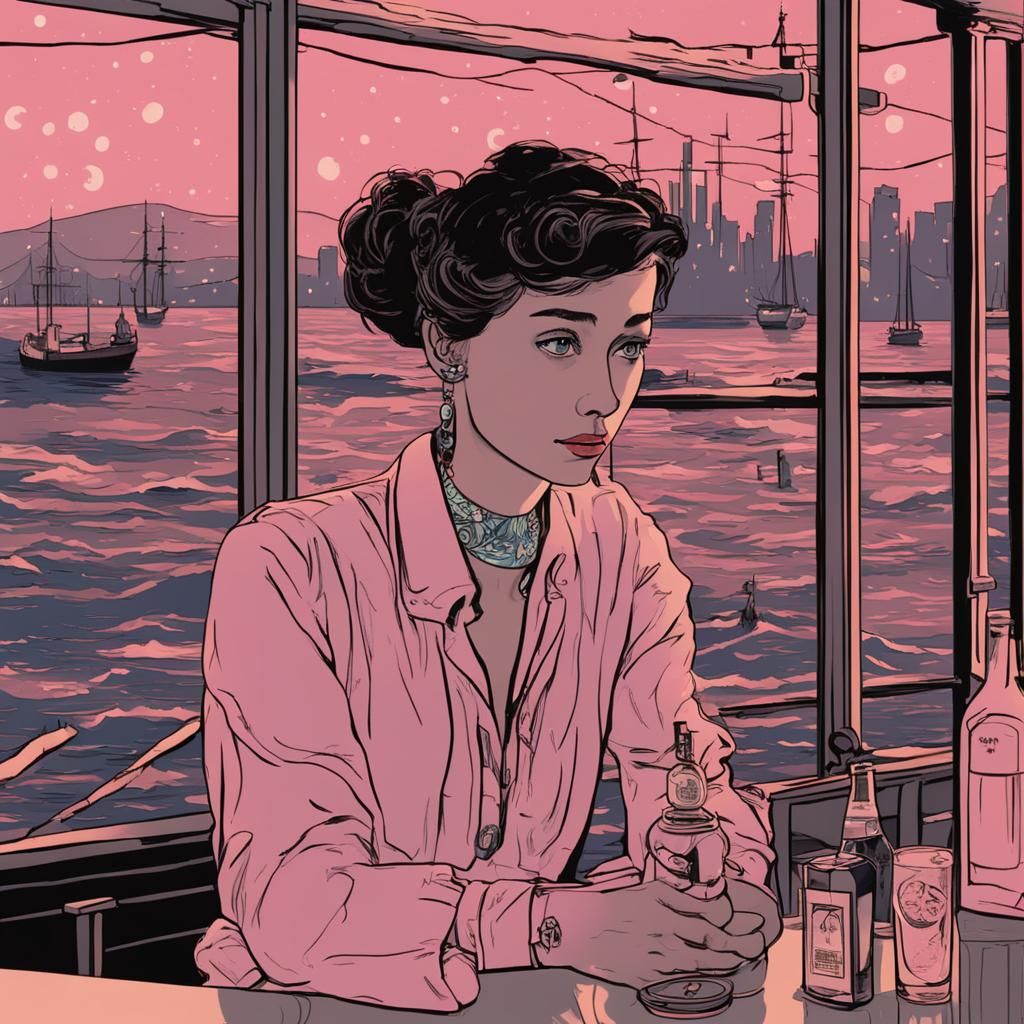 Cyberpunk Bartender's Lonely Harbor Scene