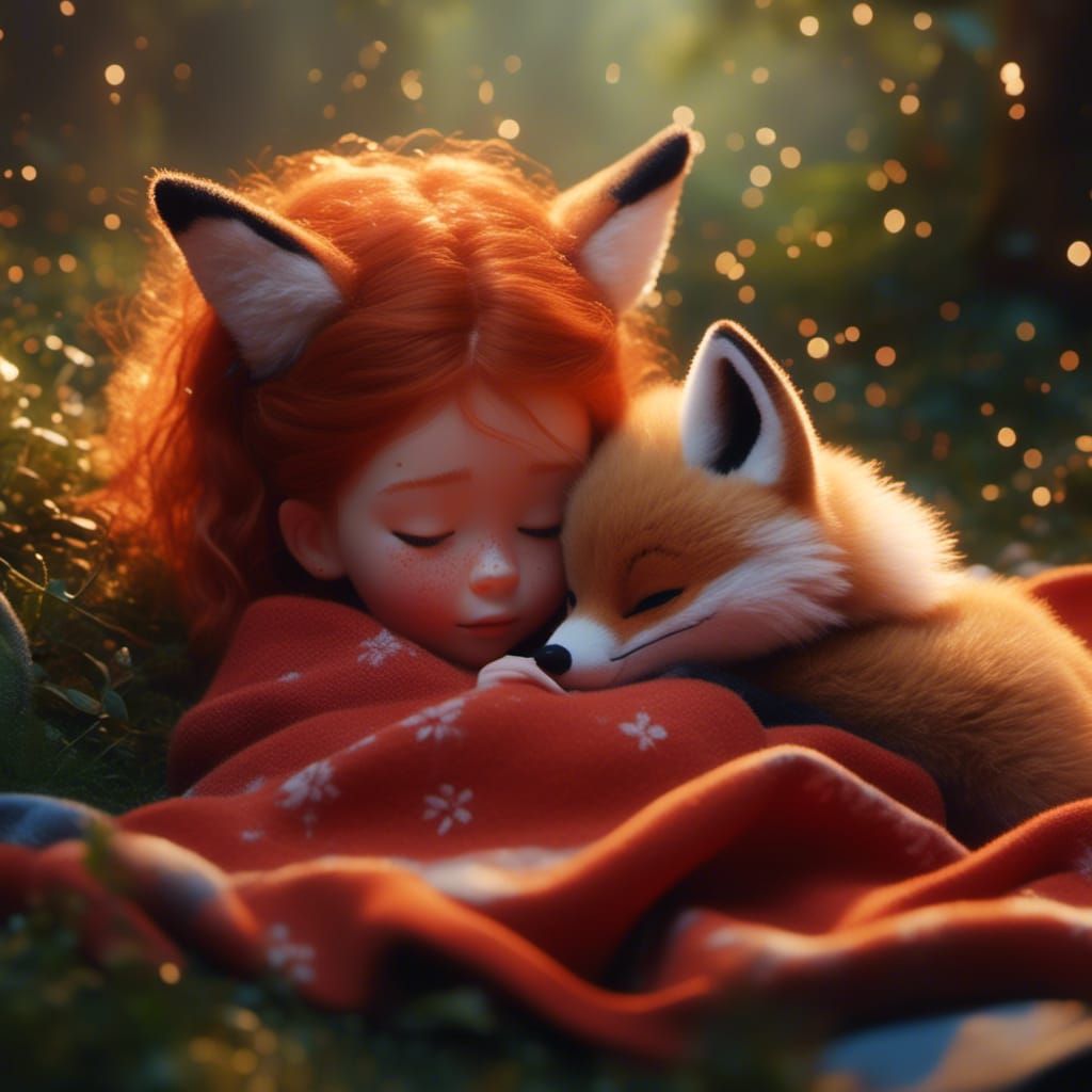 Girl and Fox Hug in Magic Forest