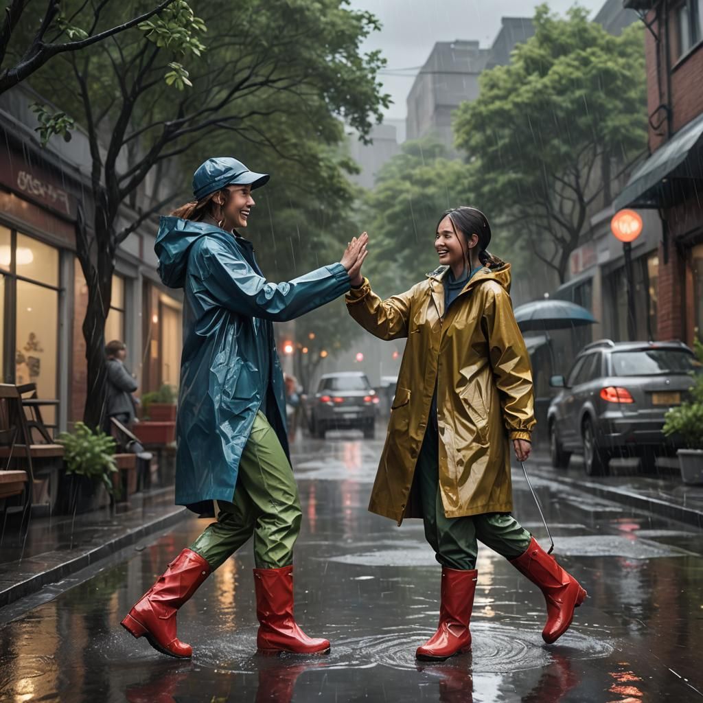 Women in Glossy Rain Gear High Five