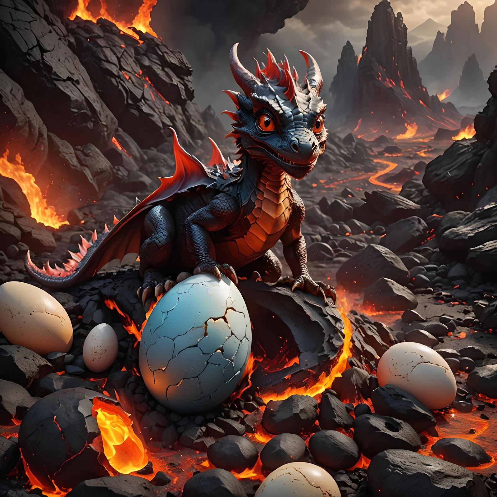 Baby Dragon Hatching in Lava: Digital Matte Painting