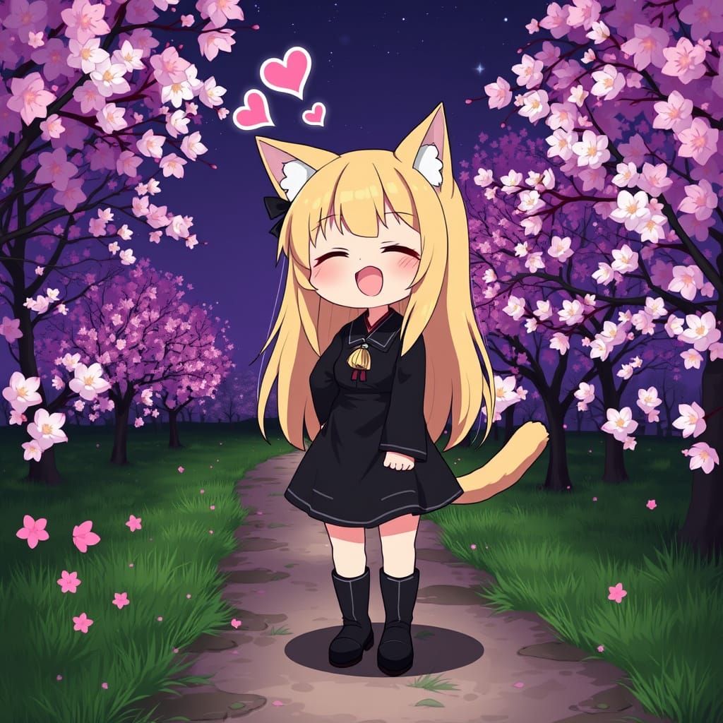 Whimsical Cherry Blossom Catgirl Under Starry Night