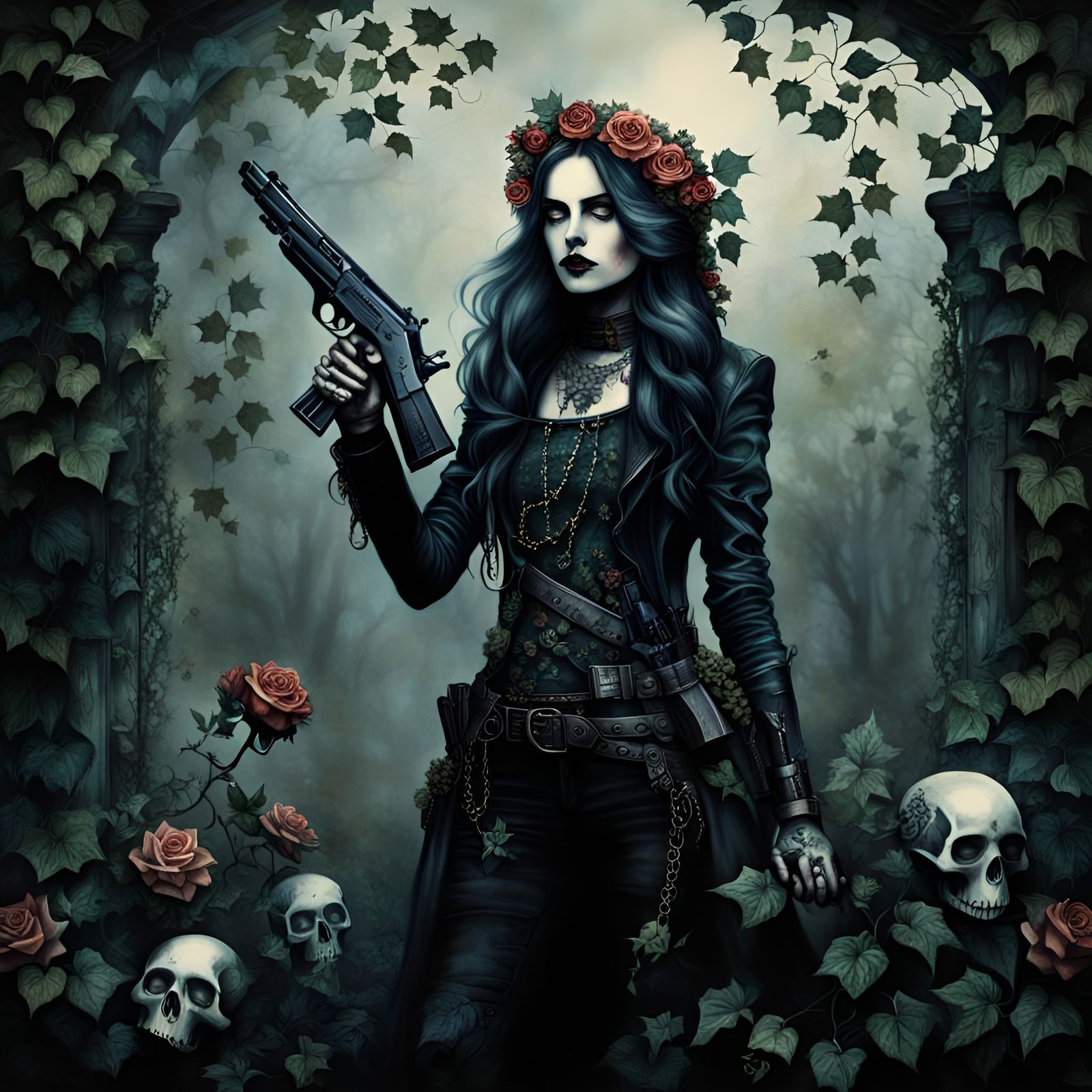 Gothic woman, guns, roses, ivy, skulls, Emile Autumn, atmospheric ethereal mystical