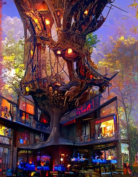 Lovecraftian Solar-Punk Restaurant in Giant Tree