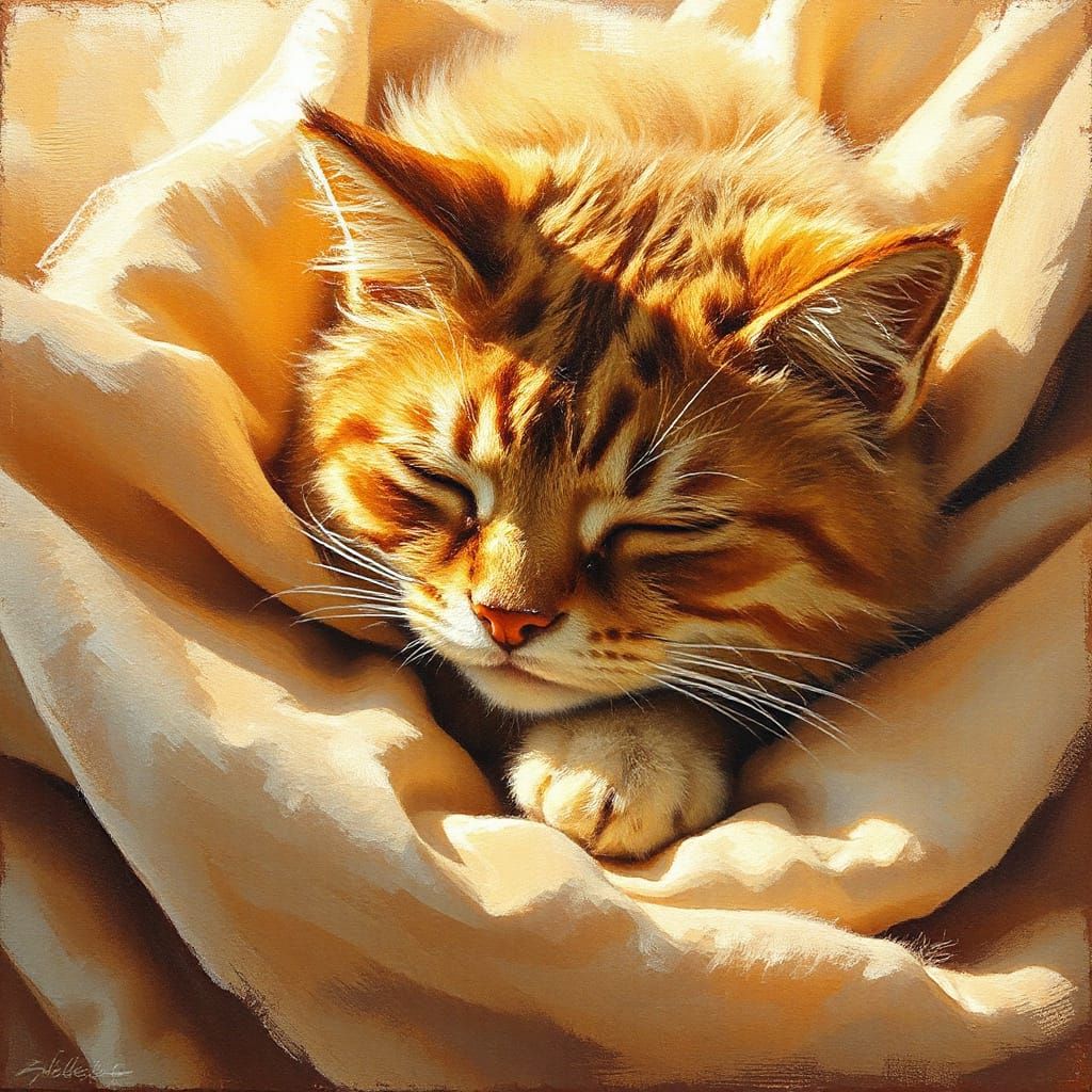 Whimsical Cat in Warm Oil Painting