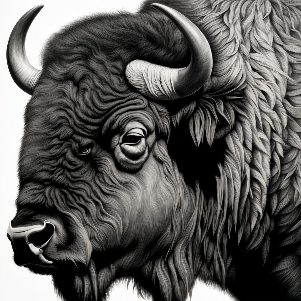Bison Head in Charcoal Drawing
