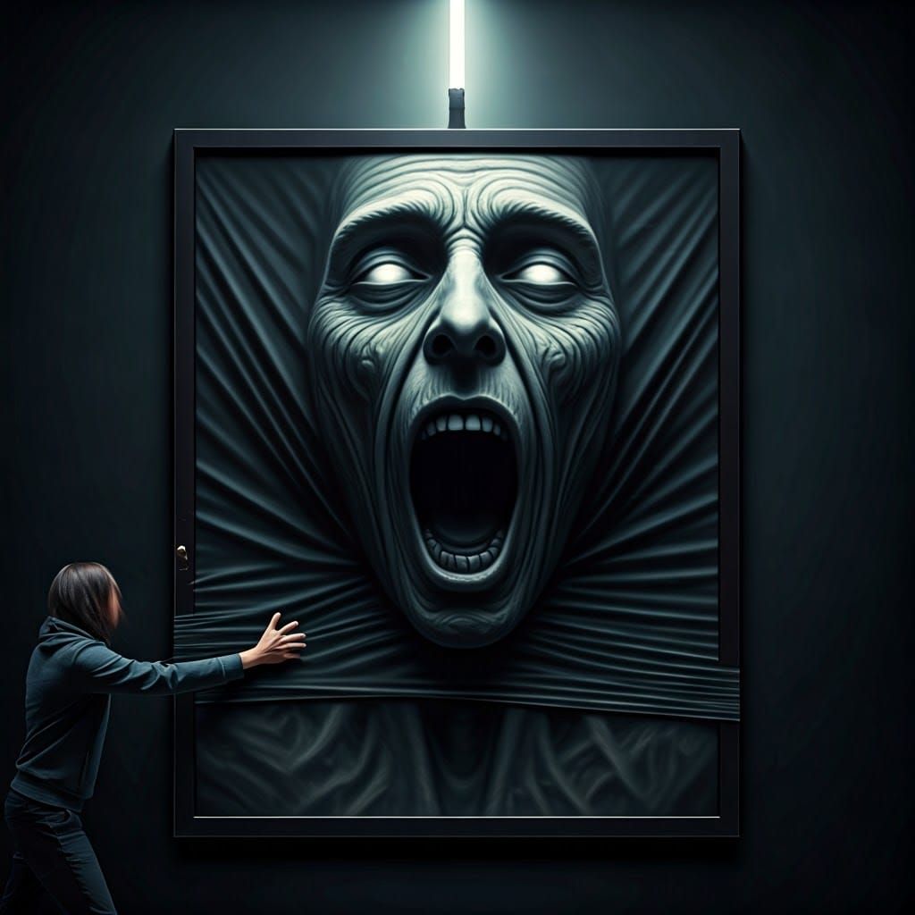 Surreal Fabric Art with Distorted Face in 3D