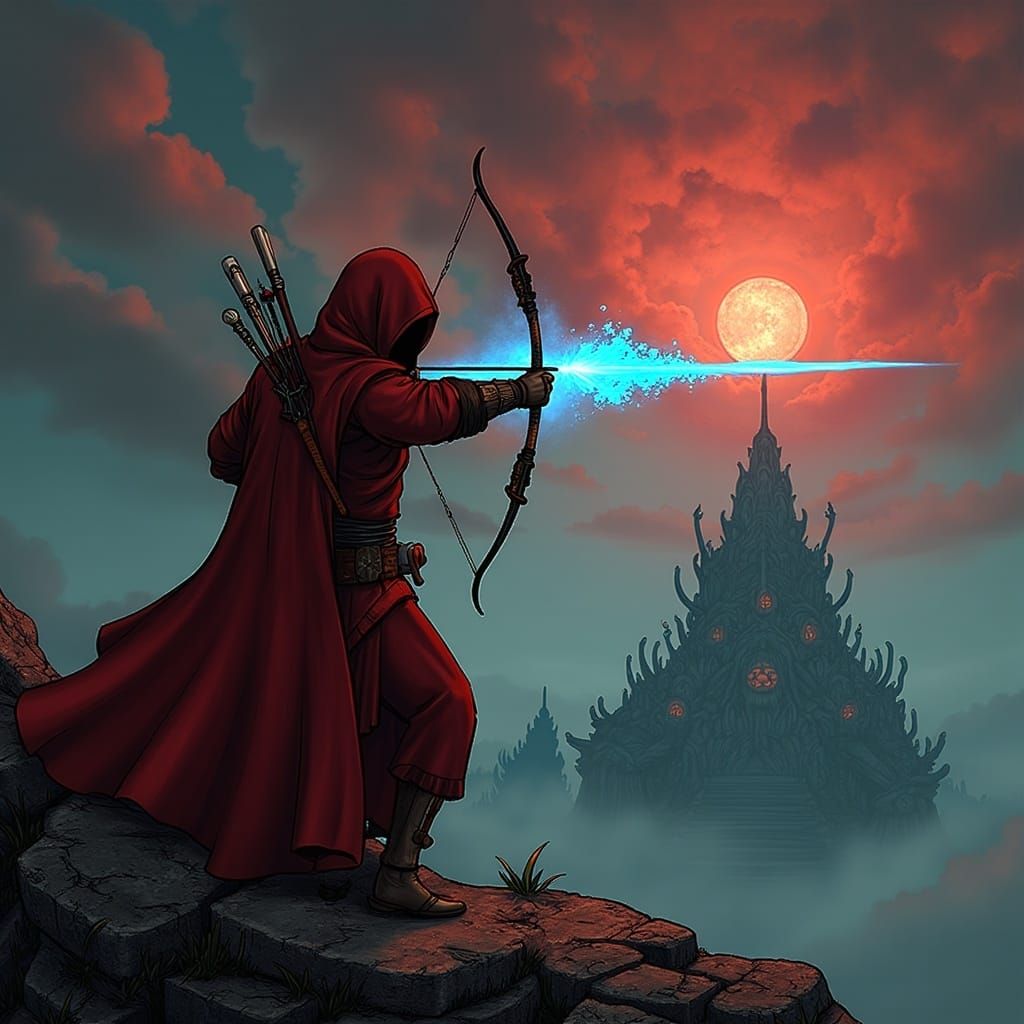 Red Cultist Archer in Mystical Ruins, Matte Painting