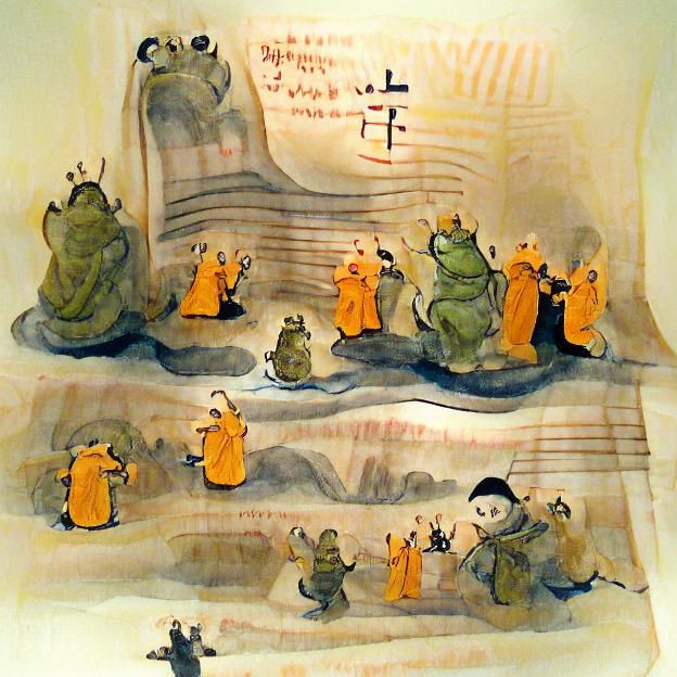 Frog Monks Chant to Golden Buddha Idol in Sumi-e Style