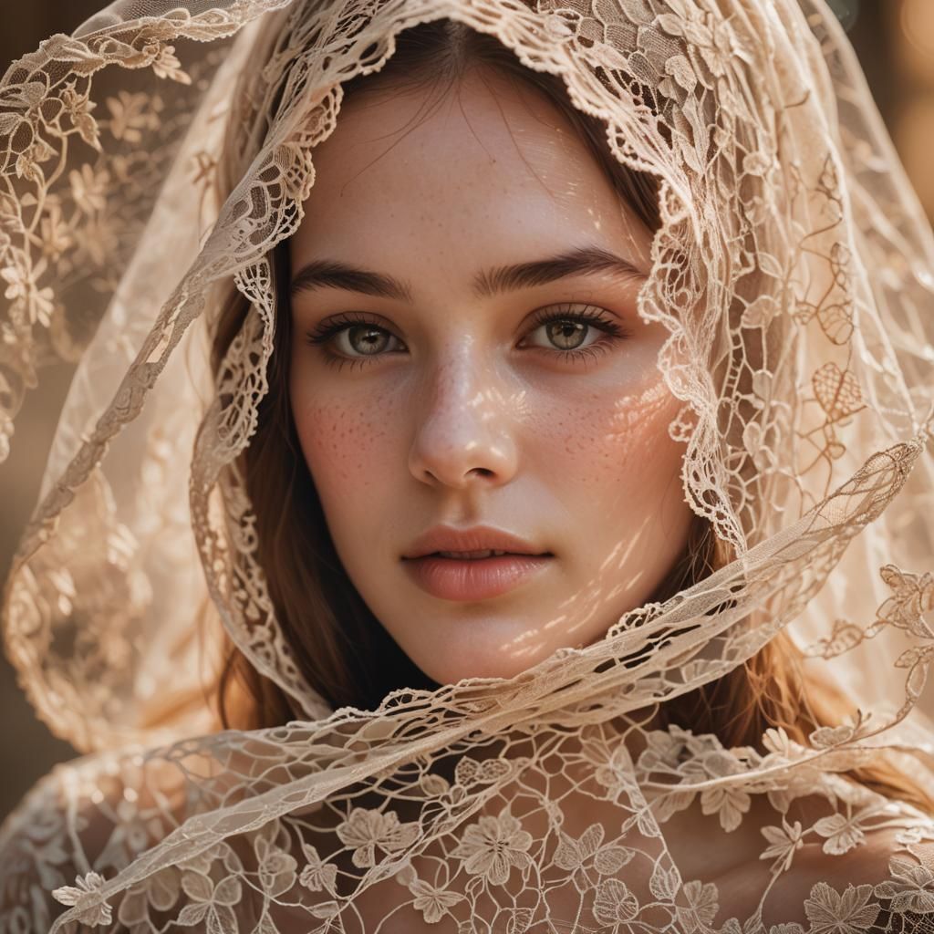 Woman with Lace Veil: Hyperrealistic Portrait Photography